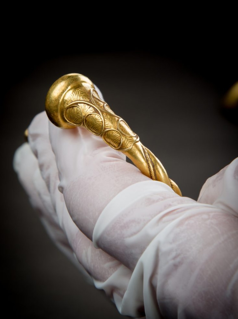 Image: Details of an Iron Age gold "torc" was on display on Tuesday.