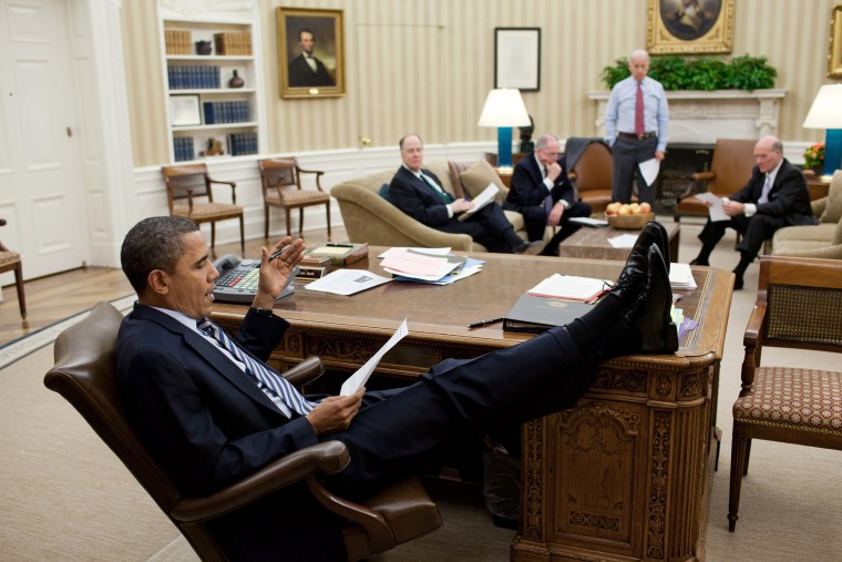 Image: Obama holds a meeting in the Oval Office in February 2011