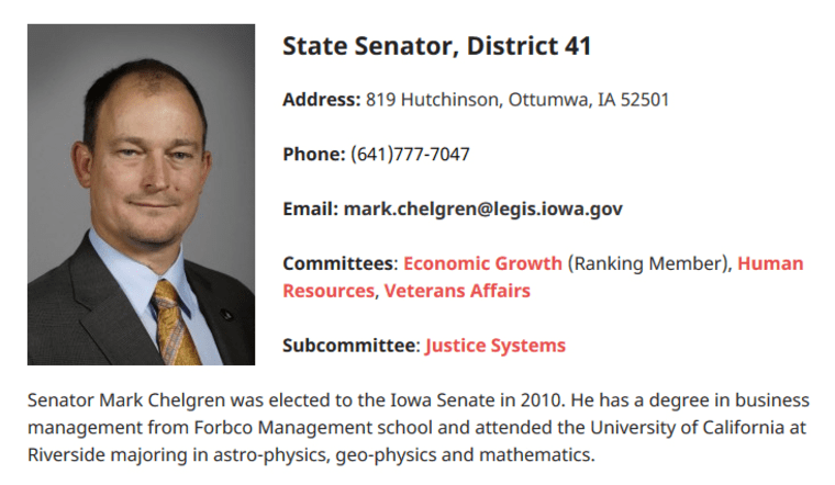 Image: Iowa Senator Mark Chelgren's biography on his Iowa Senate Republicans page