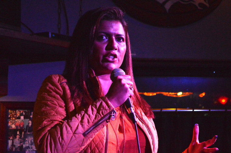 Mona Shaikh performing at the February 2017 "Minority Reportz" show in Los Angeles.