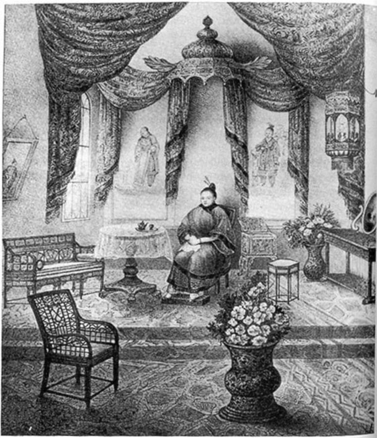 A sketch of Afong Moy in her "room" inside a New York City exhibition hall.