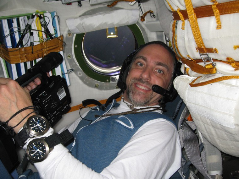 Richard Garriott aboard Soyuz on his first day in space in October, 2008.
