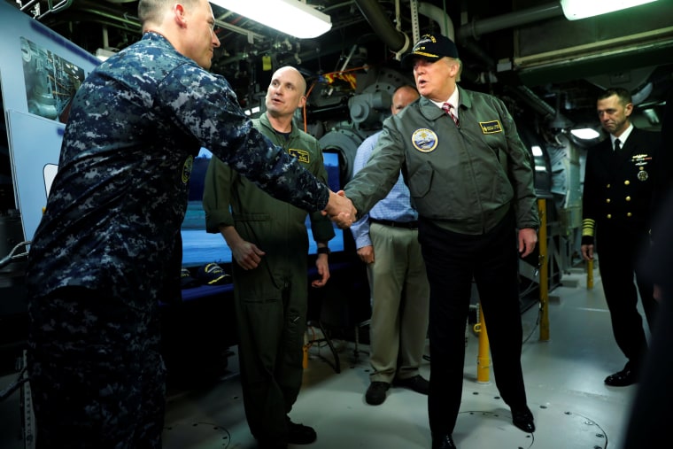 Image: Trump tours the pre-commissioned U.S. Navy aircraft carrier Gerald R. Ford at Huntington Ingalls Newport News Shipbuilding facilities in Newport News, Virginia, Virginia