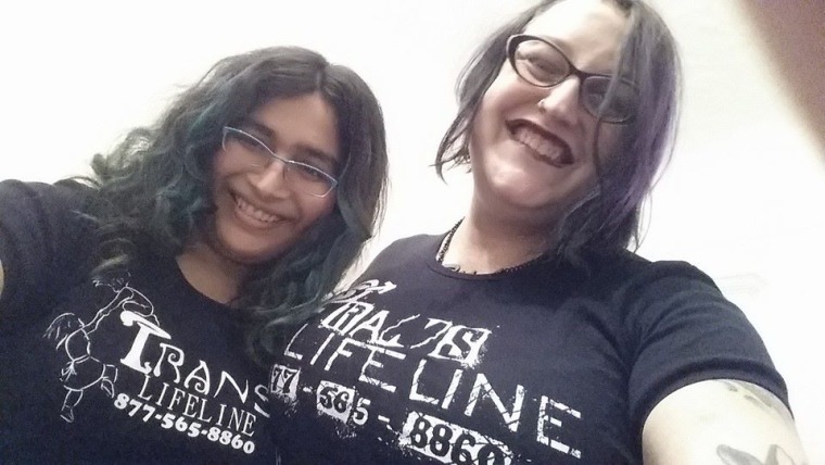 Nina Chaubal and Greta Martela wearing Trans Lifeline shirts.