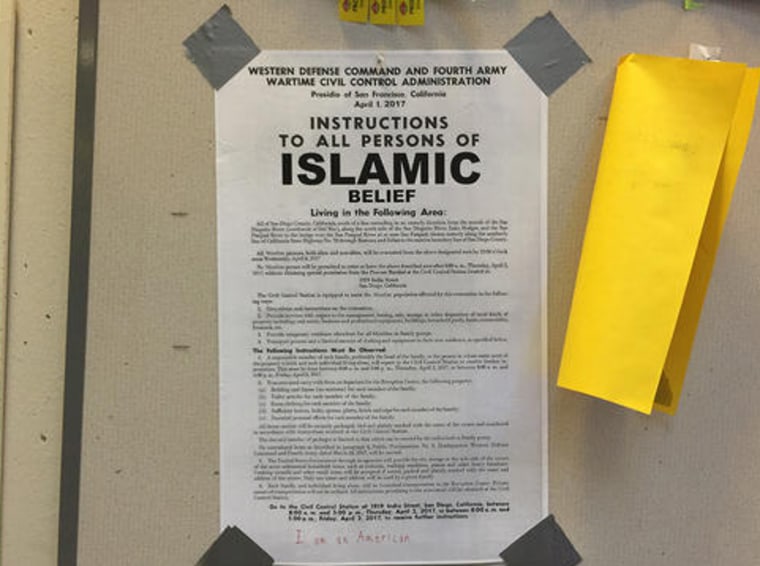 The posters, which suggested the removal of "all persons of Islamic belief" and resembled 1942 notices to Japanese Americans, appeared on the campus of UC San Diego.