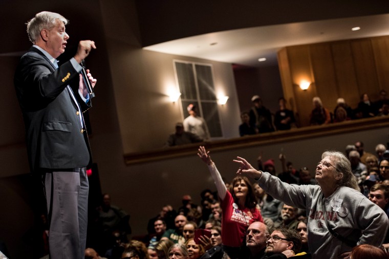 Image: Sen. Lindsey Graham (R-SC) addresses the crowd during a town hall meeting March 4, 2017 in Clemson, South Carolina.