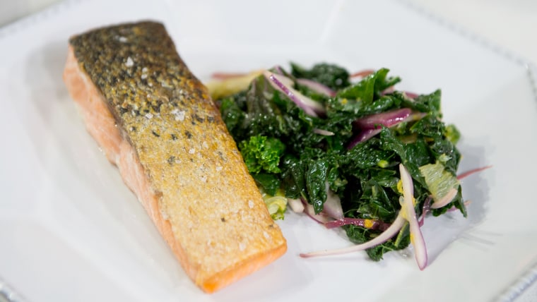 Brian Malarkey's crispy chicken breasts and pan-seared salmon with kale