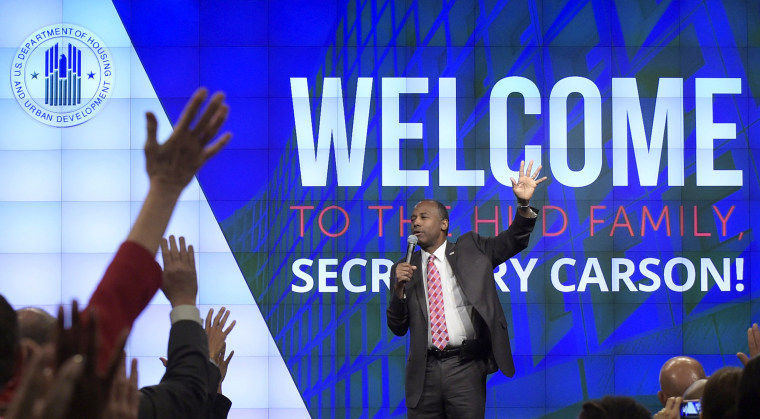 Image: Housing a Urban Development Secretary Ben Carson asks people to raise their hands and take the nice challenge as he speaks to HUD employees in Washington, March 6, 2017.