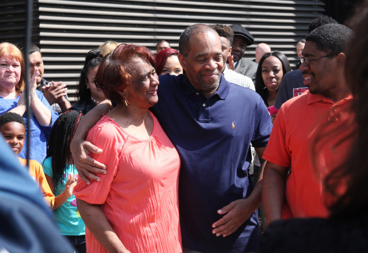 Image: Mildred Pinkins and her son Darryl Pinkins embrace outside the Lake County Jail in Crown Pointe, Ind., after he was released on April 25, 2016