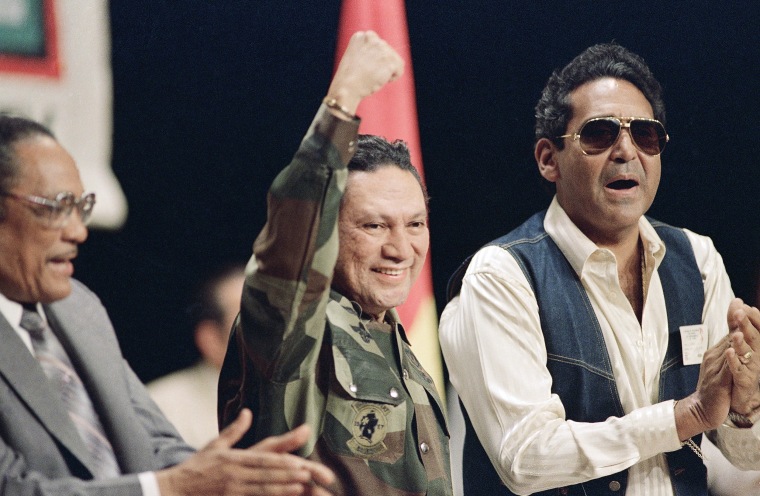 Image: General Manuel Antonio Noriega acknowledges a cheering crowd at a Solidarity With Panama conference in Panama City