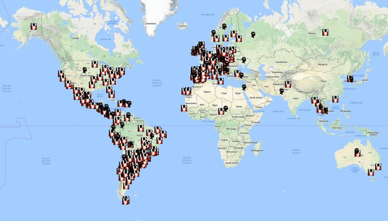 Image: A map shows countries and cities where International Women's Strikes are planned for March 8, 2017