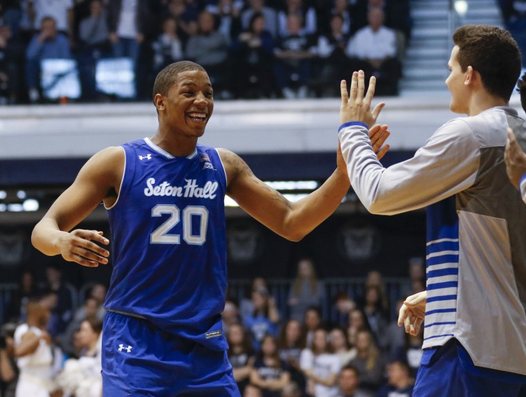Seton Hall forward Desi Rodriguez (20) reacts during the second half of an NCAA college basketball game, Saturday, March 4, 2017, in Indianapolis. Seton Hall won 70-64.