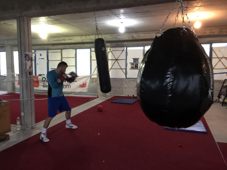 Image: Damir Beljo in his makeshift gym in Mostar.