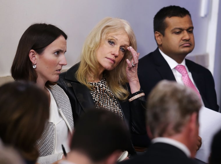 Image: Kellyanne Conway listens during the daily White House press briefing