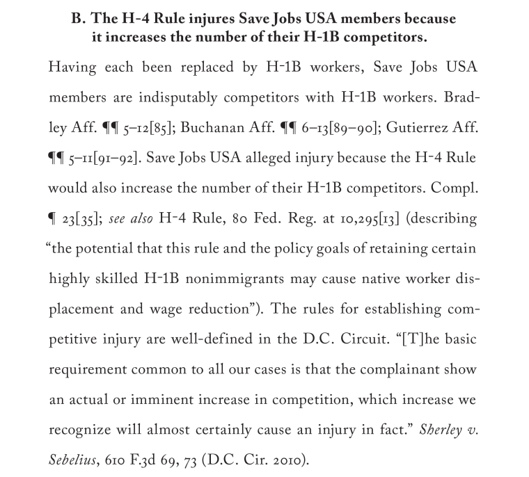 An excerpt of court documents detailing Save Jobs USA arguments concerning a rule that would allow spouses of some visa holders to work in the U.S.