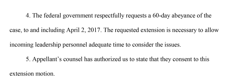 An excerpt of a request for extension from the Department of Justice to allow incoming leadership to consider the issues in a case about allowing the spouses of some visa holders to work in the U.S.