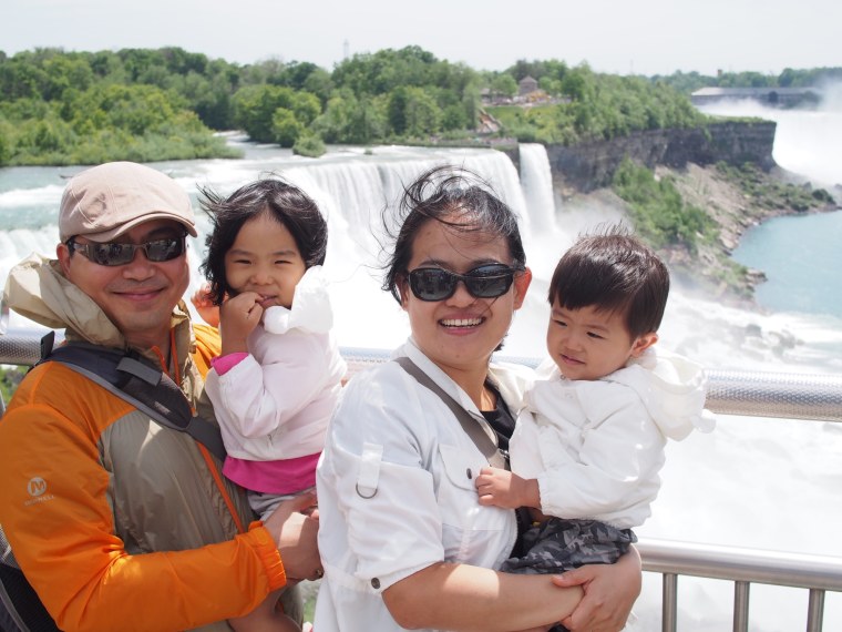 Seed Factory designer David Kim with his wife and two children during a trip to Niagara Falls. The company is among those encouraging workers to leave work behind while on vacation.
