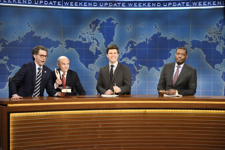 Image: Kate McKinnon as Attorney General Jeff Sessions, alongside Alex Moffat as Senator Al Franken (D-MN), Colin Jost and Michael Che for Weekend Update on Saturday Night Live, March 11, 2017.