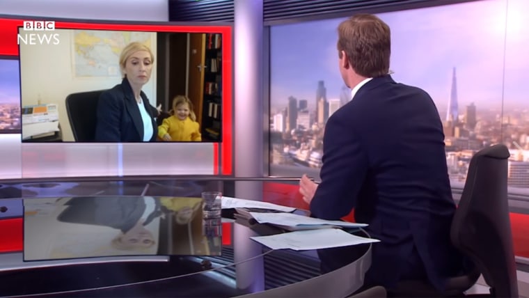 The "Jono and Ben" spoof imagines a woman in the role of the now-viral "BBC dad."