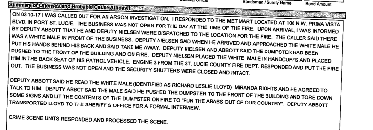 An excerpt of an arresting affidavit detailing a police officer's account of Richard Lloyd's arrest.