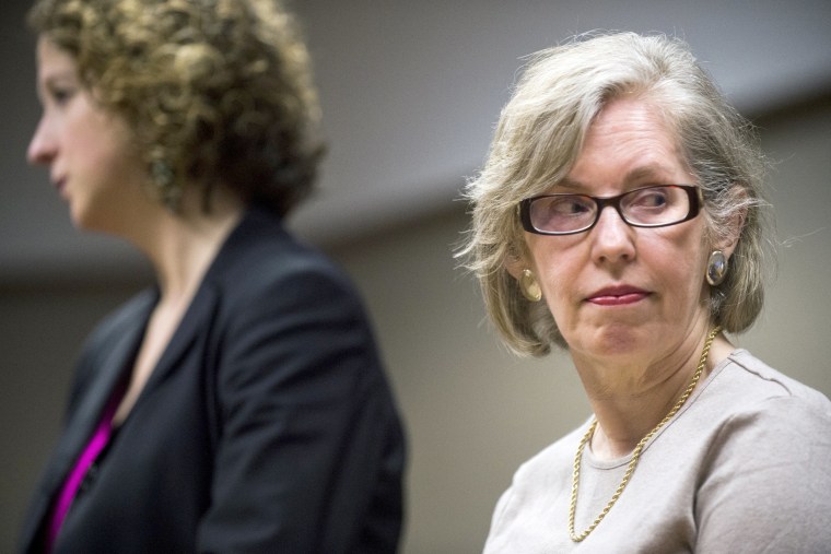 Image: Corinne Miller, right, retired director of the state Department of Health and Human Services' Bureau of Epidemiology, is sentenced to probation, March 13, 2017.