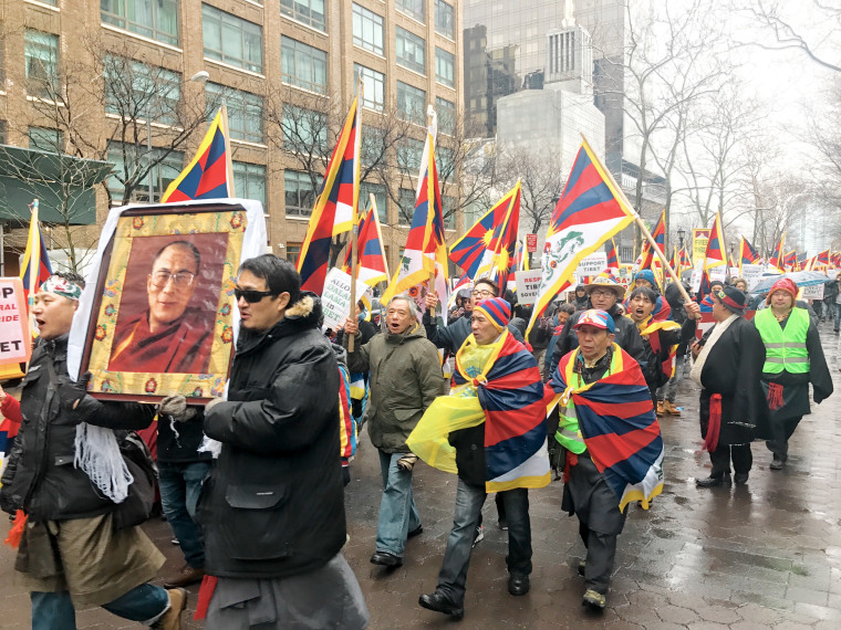 Demonstrators in New York City marched from the United Nations to the Chinese Consulate on Friday, March 10, 2017, to mark the anniversary of Tibetan National Uprising Day and protest claims of political and religious persecution at the hands of the Chine