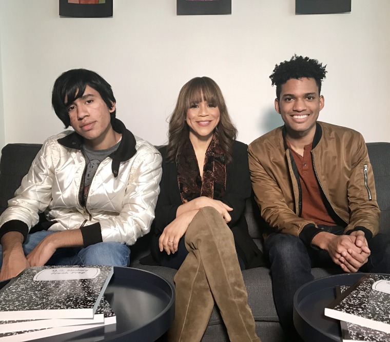 Rosie Perez and students Abel and Devin at the Urban Arts Partnership headquarters in New York.