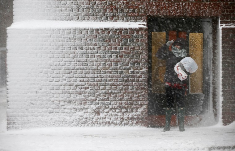 Image: A person stands in the wind-driven snow during a winter storm