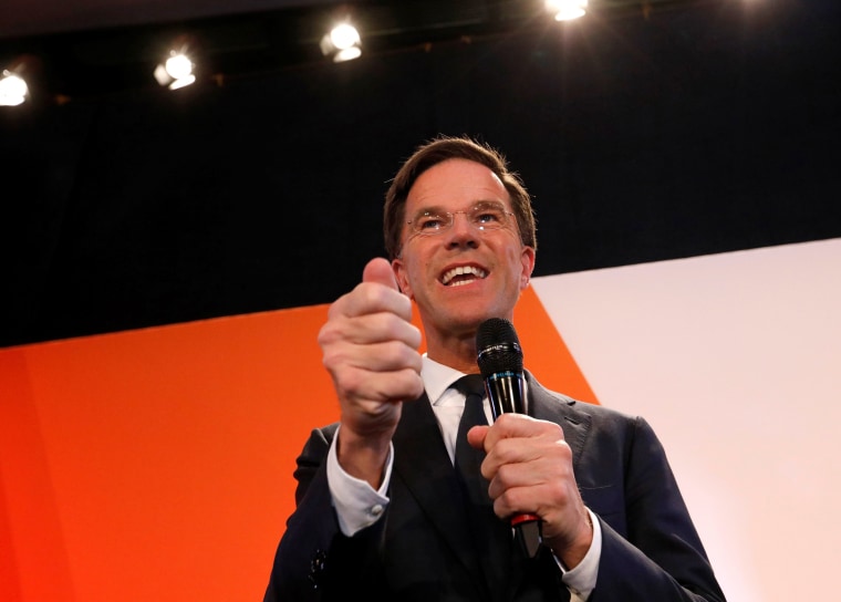 Image: Dutch Prime Minister Mark Rutte of the VVD Liberal party appears before his supporters in The Hague