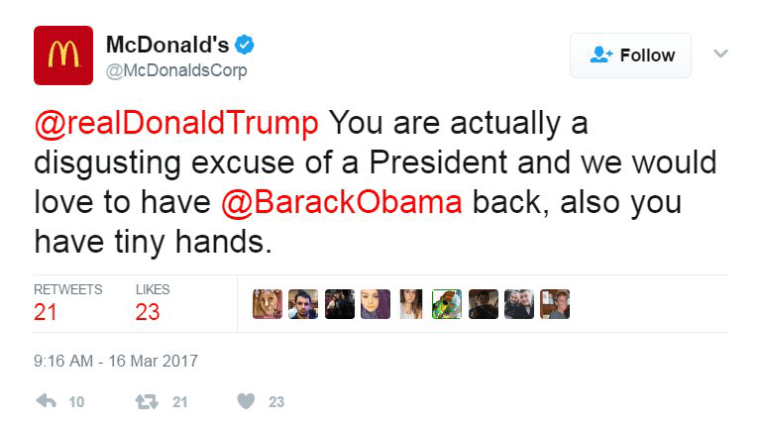 Image: The McDonald's Twitter account posted a tweet insulting President Donald Trump