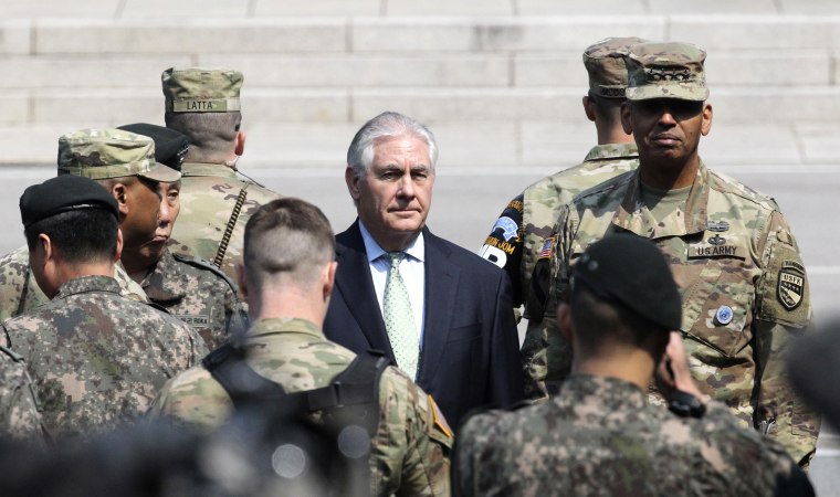 Image: U.S. Secretary of State Rex Tillerson visits with U.S. Gen. Vincent K. Brooks, commander of the United Nations Command, Combined Forces Command and United States Forces Korea at the border village of Panmunjom