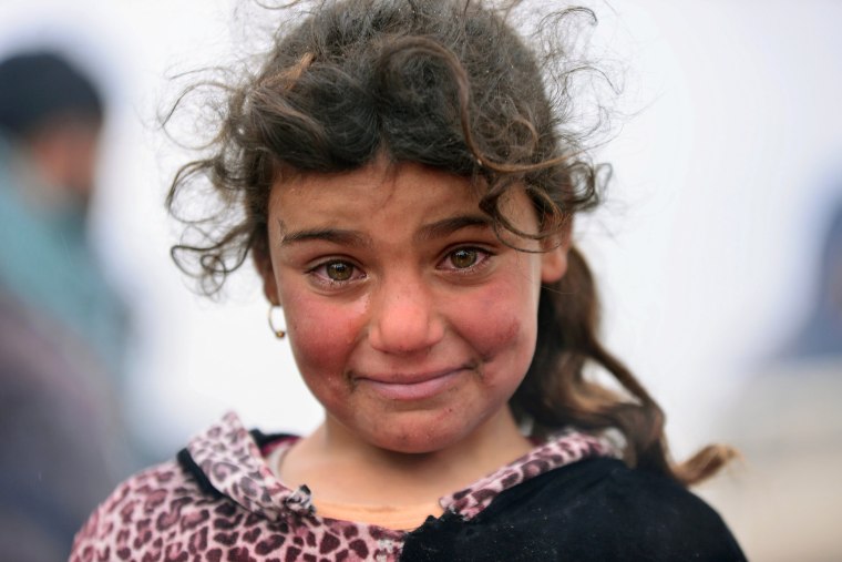 Image: A displaced Iraqi girl, who fled her home, cries during a battle between Iraqi forces and Islamic State militants, near Badush