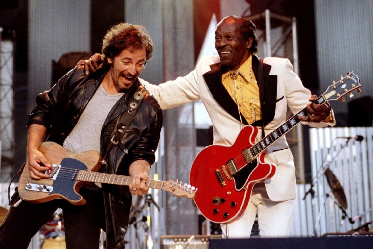 Image: FILE PHOTO Bruce Springsteen and Chuck Berry perform "Johnny B. Good" to open The Concert for the Rock &amp; Roll Hall of Fame