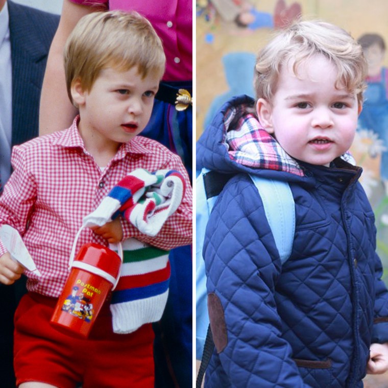 A comparison of two princes, William and his son, George, on their first day of nursery school.