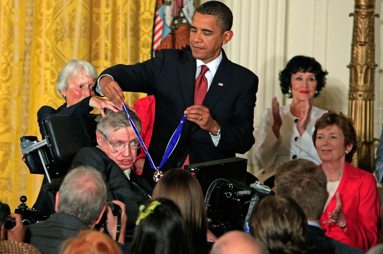 President Obama presents the Medal of Freedom to physicist Stephen Hawking in 2009.