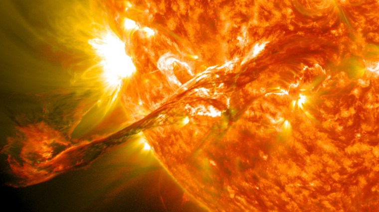 A long filament of solar material erupted out into space on Aug. 31, 2012. The coronal mass ejection traveled at more than 900 miles per second, but did not travel directly toward Earth.