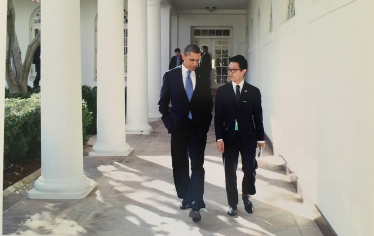 Ronnie Cho, a former White House staffer who is know running for New York City Council, with former President Barack Obama.
