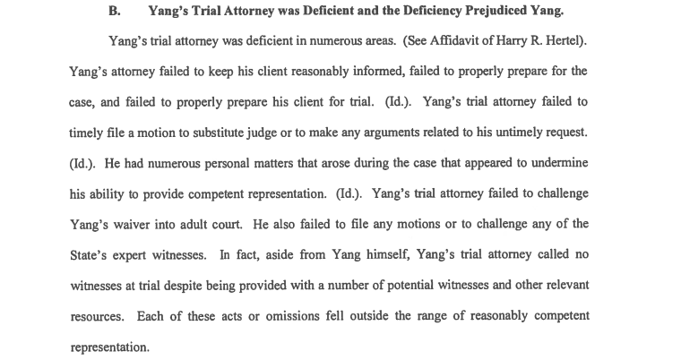 An excerpt of a court filing detailing accusations that Yang's original attorney did not render adequate counsel.