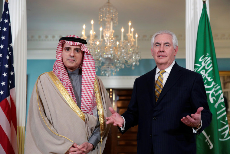 Image: U.S. Secretary of State Rex Tillerson and Saudi Foreign Minister Adel Al-Jubeir face reporters before their meeting at the State Department in Washington