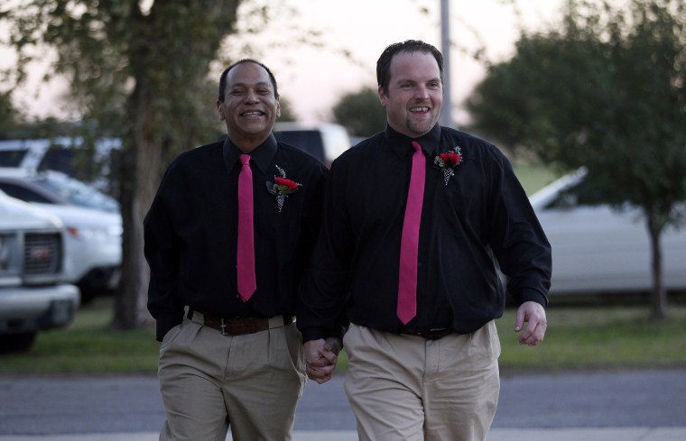 Image: Darren Black Bear and Jason Pickel arrive to be married