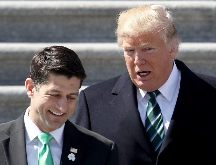Image: President Trump confers with Speaker of the House Paul Ryan (R-WI) following a luncheon celebrating St. Patrick's Day at the U.S. Capitol on March 16, 2017 in Washington, DC.