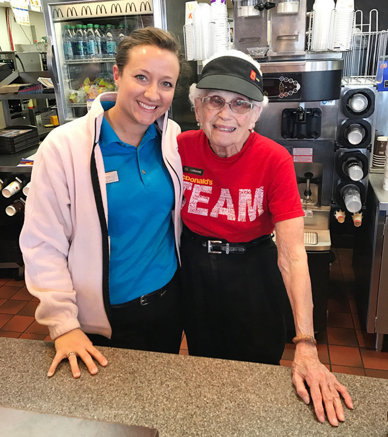 Loraine Maurer, a 94-year-old woman who recently celebrated her 44th anniversary of working at McDonald's.