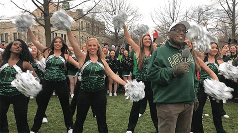 As Day 4 of Rokerthon 3 begins, TODAY's Al Roker stands with the Loyola University Maryland cheerleaders and mascots before students attempt to break the Guinness World Record for the largest number of crabwalkers. 