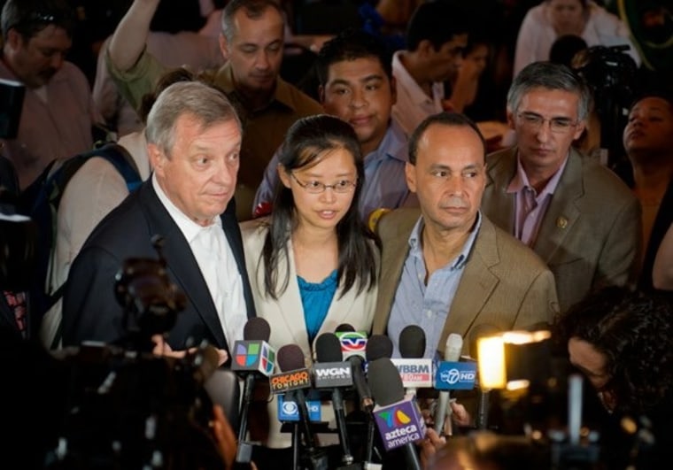 Sen. Richard Durbin (D-IL) (l.), Tereza Lee and U.S. Rep. Luis Gutierrez (D-IL) on DACA Day in August 2012.