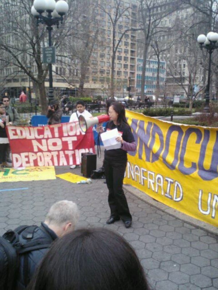 Tereza Lee speaks into a bullhorn at a March 2012 rally in New York City for undocumented immigrants.