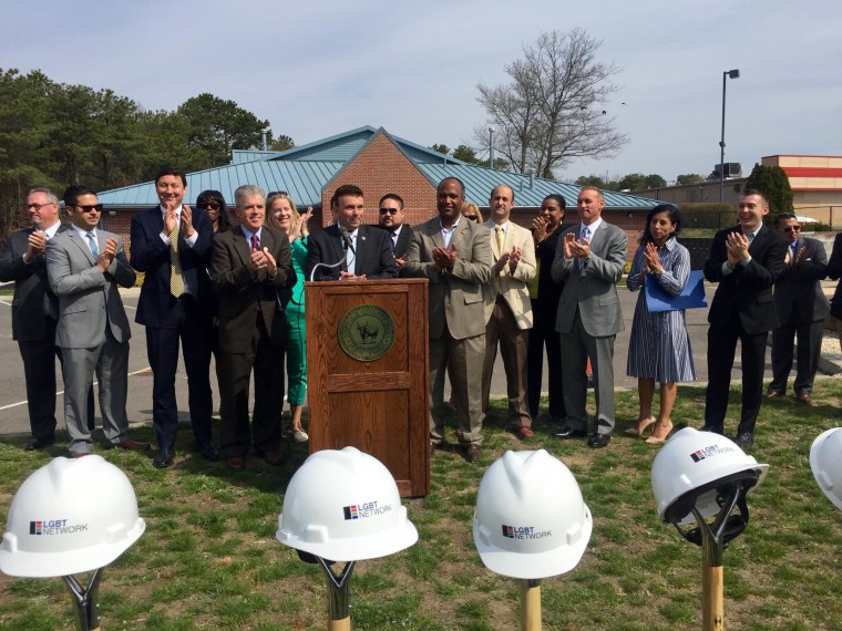 David Kilmnick speaks at the official groundbreaking for the forthcoming LGBT Network Center in Patchogue, N.Y. County and state officials joined him.
