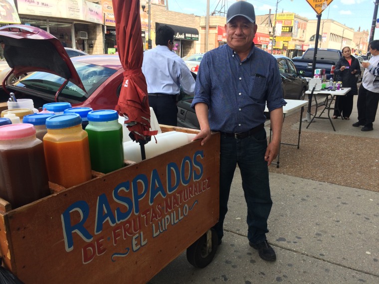 A raspa (sweetened shaved ice) vendor in Little Village, Chciago