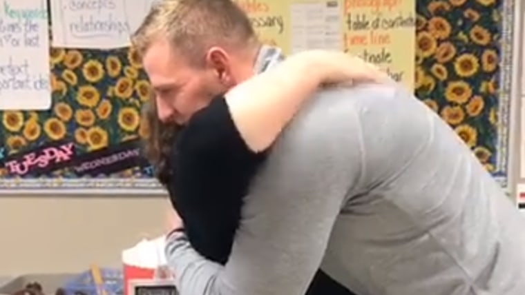 Keefe happily embraced Watt after her surprise classroom visit.