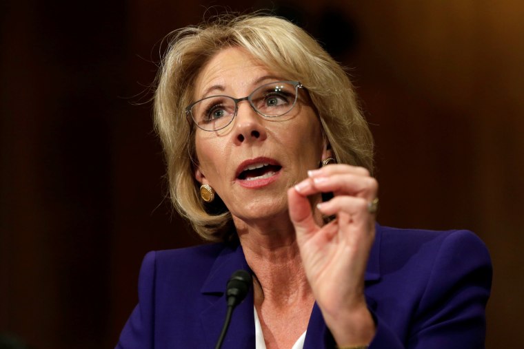 Image: Betsy DeVos testifies before the Senate Health, Education and Labor Committee confirmation hearing to be next Secretary of Education on Capitol Hill in Washington, D.C. on Jan. 17.