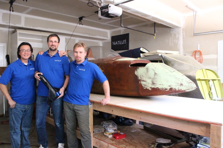 Natilus founders LZ Zhang, Aleksey Matyushev, and Anatoly Starikov show off their drone prototypes.